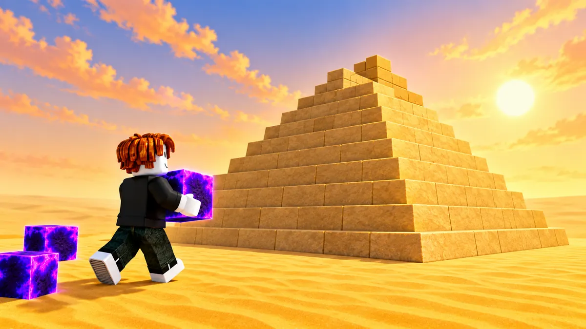 Original wiki illustration of an orange-haired builder carrying a violet block toward a sandstone pyramid